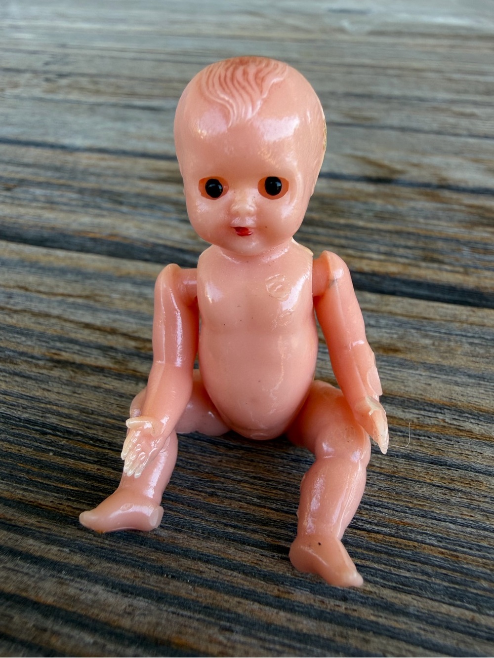 VTG Plastic Celluloid Jointed Dollhouse Baby 2.5” Sleepy Eyes Double Rooster